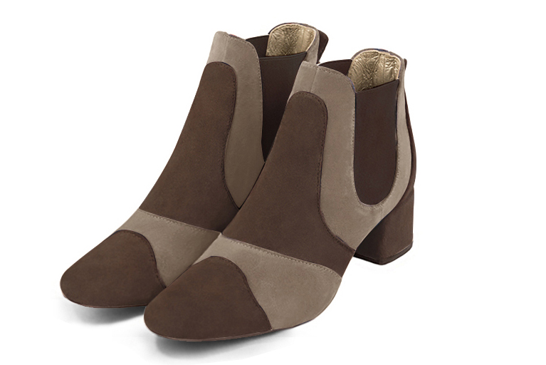 Chocolate brown and tan beige women's ankle boots, with elastics. Round toe. Low flare heels. Front view - Florence KOOIJMAN
